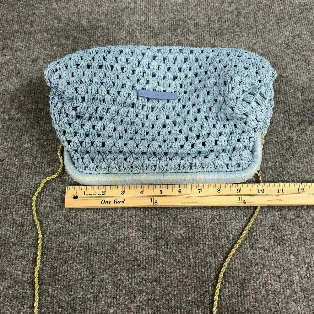 Loeffler Randall Clutch Womens Medium Blue Raffia Trudie Frame Crochet Handbag